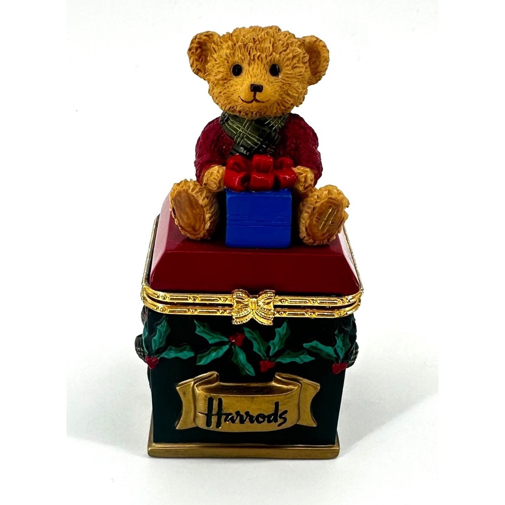 Harrods Christmas Teddy Bear Trinket Box Festive Holly Hinged Holiday Decor